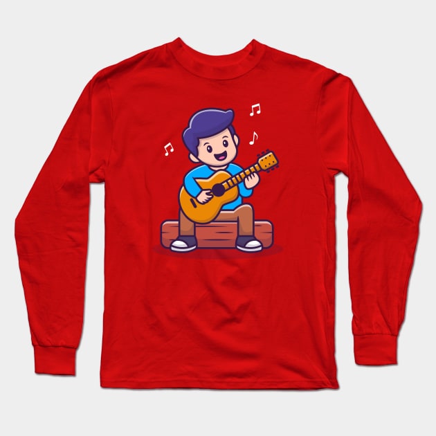 Cute Boy Playing Guitar Cartoon Long Sleeve T-Shirt by Catalyst Labs